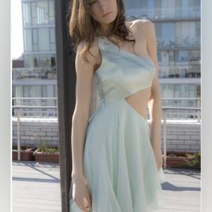 US 4 Silk Chiffon Dress Mint Green Cutout Asymmetrical Eveningwear